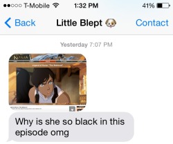 mikaturnsup:  my little cousin is convinced Korra’s black 