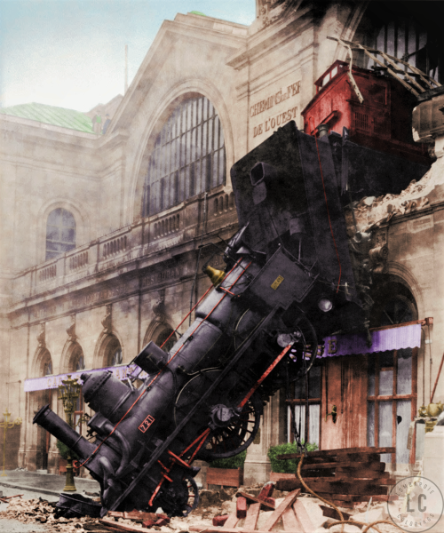 The Montparnasse derailment.Photographer unknown, October 22nd, 1895.Colored by Lombardie Colorings.