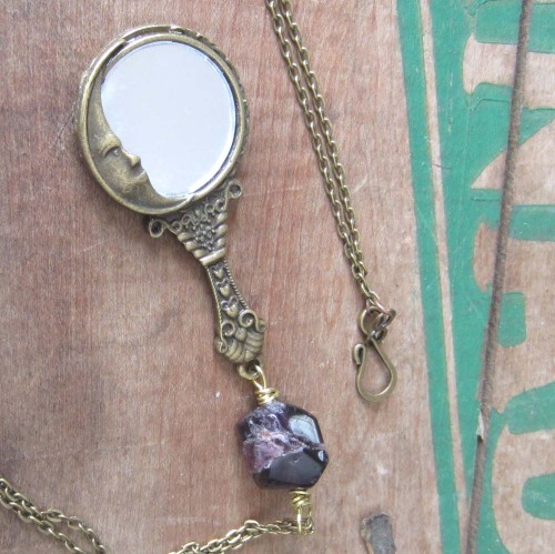 Amethyst and moon mirror, now available! https://www.etsy.com/listing/183223828/mirror-pendant-ameth