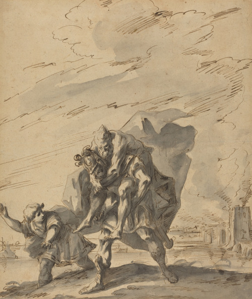 Aeneas Carrying Anchises from Burning Troy by Gaspare DizianiItalian, c. 1733brown ink and grey wash