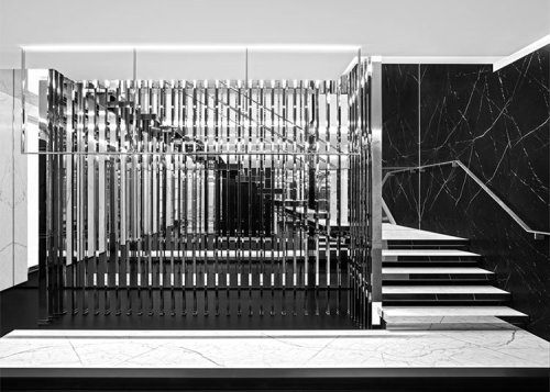 {Part one of today’s Monday Mix of black and white interiors shows some commercial spaces - hotels, 