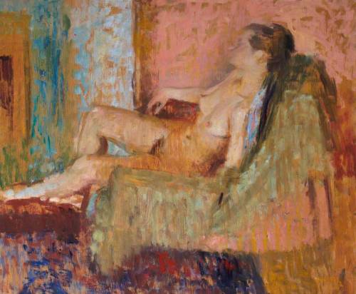 huariqueje: The Pink Room, Young Girl   -  David Abercrombie Donaldson Scottish, 1916-1996Oil on pan
