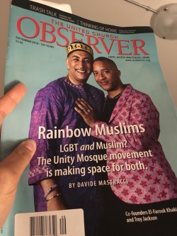 queermuslims:  ssarahteaandbooks: I don’t have the words to describe how I felt when I saw this magazine cover today {Image description: A cover of The United Observer featuring two men. El Farouk is on the left, wearing a purple garment and a black