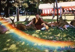 unexplained-events:avathebelf:thesylverlining:  unexplained-events:  A Tibetan Monk blesses the deer that gather around him and someone snaps a picture. Upon viewing the picture they notice a rainbow had appeared.  pretty sure this is the happiest picture