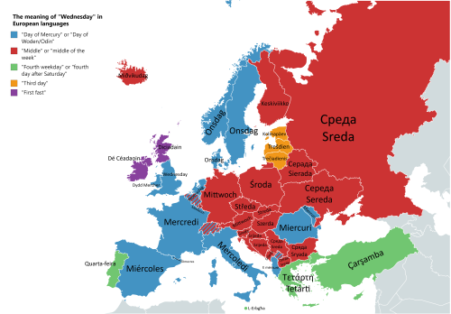 mapsontheweb: The meaning of “Wednesday” in European languages