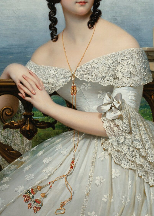 artisticinsight:  Details in WhitePrincess Alexandra of Wales, 1863, by Richard Lauchert.An Elegant Bouquet, 1886, by Gustave Jean Jacquet.  Katherine, Countess of Chesterfield, and Lucy, Countess of Huntingdon, c. 1640, by Anthony van Dyck.Empress