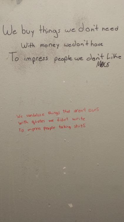 eggwollll:HahahahahaI just spent an hour the other day cleaning somebody’s “art” off a stall in the bathroom at the restaurant where I work, so fuck yeah!