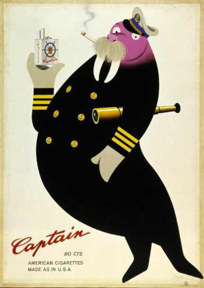 vintageadvertising:Captain Cigarettes 1946It’s Captain Walrus! Now, who does he remind me of?No, it 