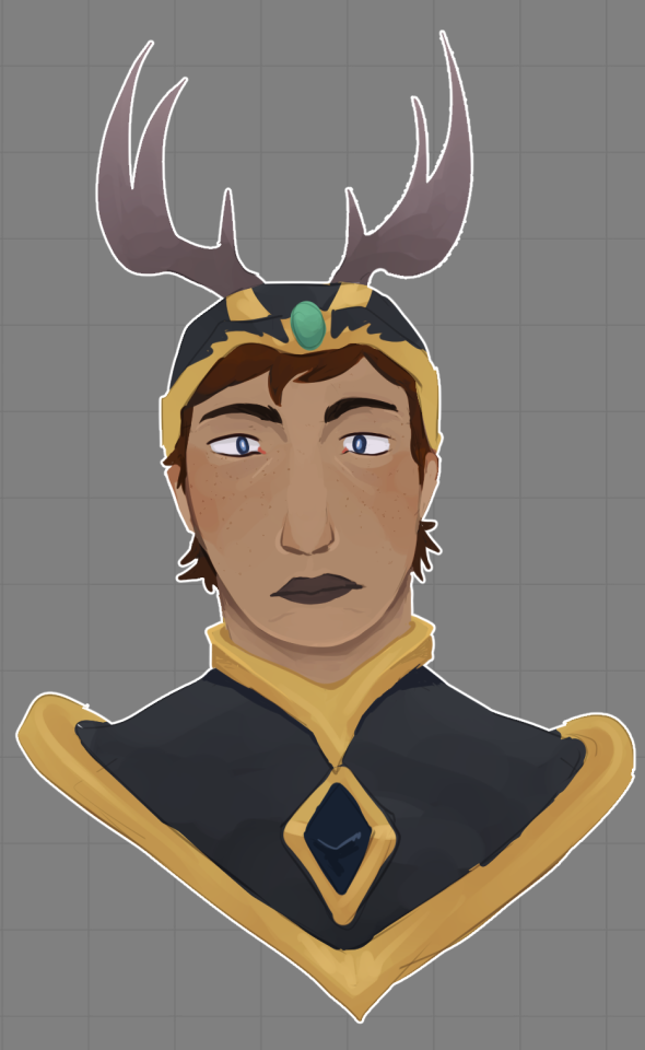 A digital drawing of a character from the shoulders up. They have freckled tan skin, dark brown hair, blue eyes and dark lipstick. They are wearing a black and gold helm and robe. The helm has a pair of antlers on it. Their expression is neutral. 