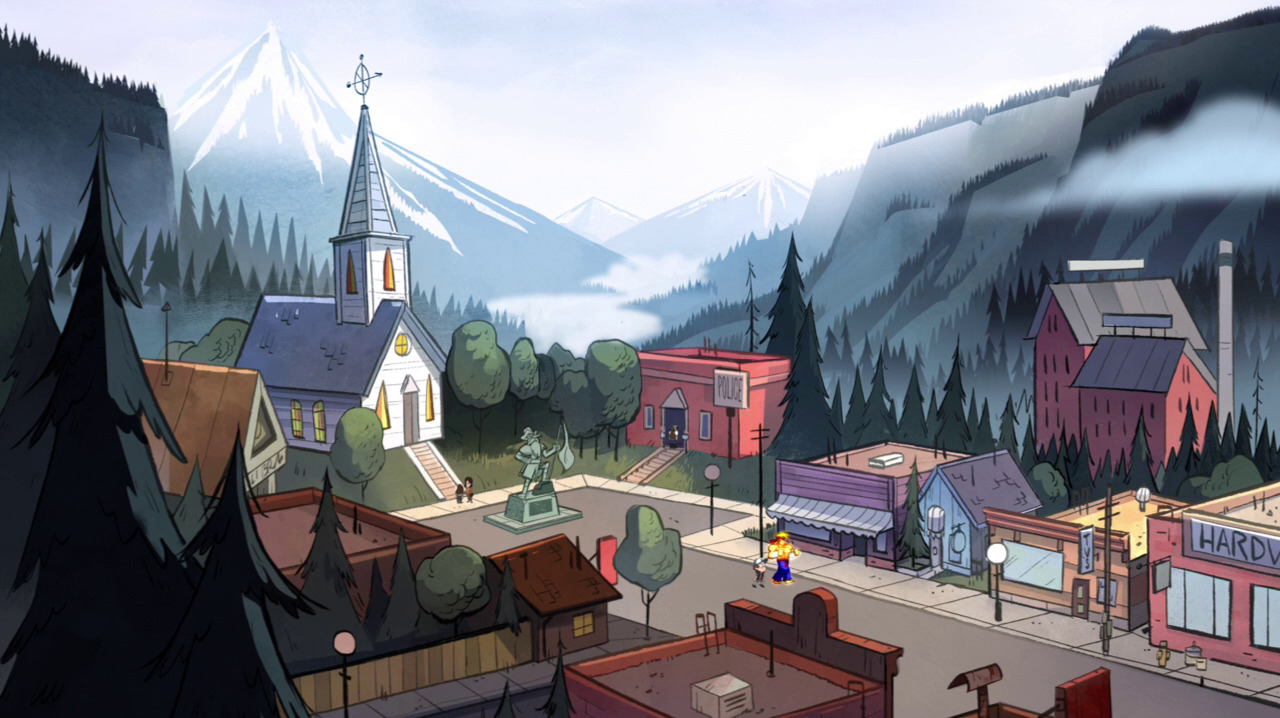 gravityfallsrockz:  I think these two different town images of Gravity Falls both