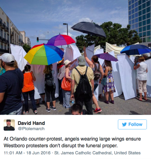 lovemysub:  ladypoisonivy91:  micdotcom:  “Angels” block the Westboro Baptist Church from protesting Orlando victim’s funeral When a handful of Westboro Baptist Church members showed up Saturday at the funeral of Orlando shooting victim Christopher