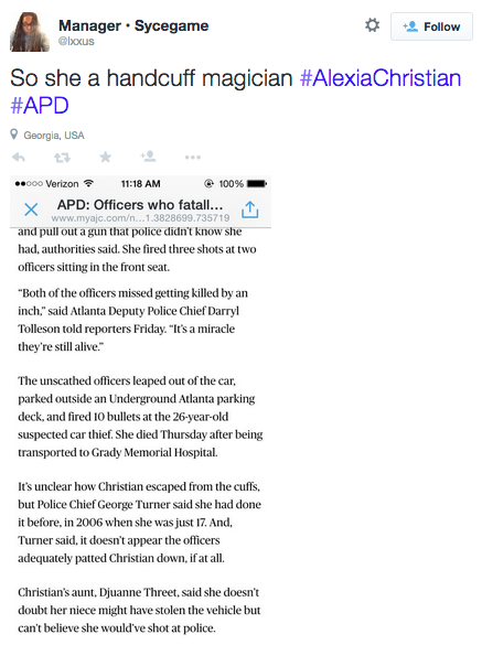 revolutionarykoolaid:  ICYMI (5.4.15): Late last week, an Atlanta woman was shot to death while in police custody. Despite being handcuffed and searched before being placed in the back of a squad car, they are claiming she had a hidden gun that she shot