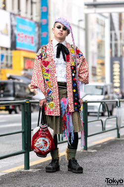 tokyo-fashion:  20-year-old Shusaku on the street in Harajuku today wearing a patched coat from the Japanese brand Anti with a vintage ruffle shirt from Chample, a Comme Des Garcons skirt, Christopher Nemeth socks, Kids Love Gaite snub nose shoes, and