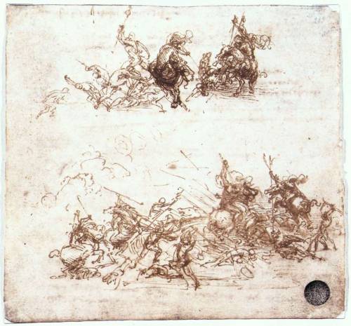 Page from a notebook showing figures fighting on horseback and on foot, 1504, Leonardo Da VinciMediu