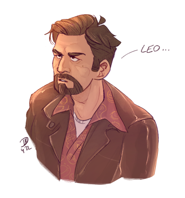 a portrait of vincent moretti rolling eyes, looking annoyed and saying "leo..."