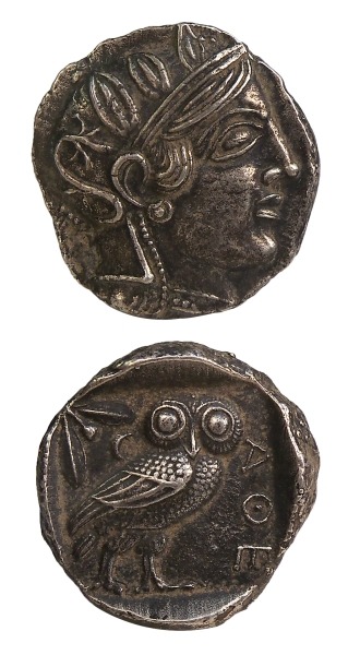 sadighgallery:Greek. Silver tetradrachm coin with Athena, the Goddess of wisdom on one side, an owl 