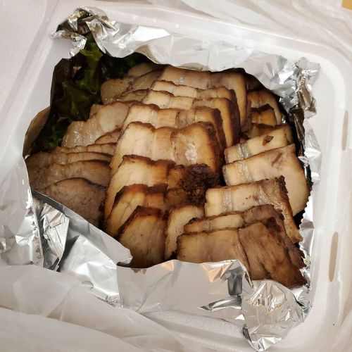Ordered Todamgol for takeout: Pork Belly Bo-Ssam 수육보쌈, Spicy Squid Stir Fry 오징어볶음, Half &amp; Half W