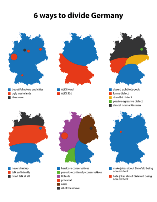 mapsontheweb: 6 ways to divide Germany. More stereotype maps &gt;&gt;
