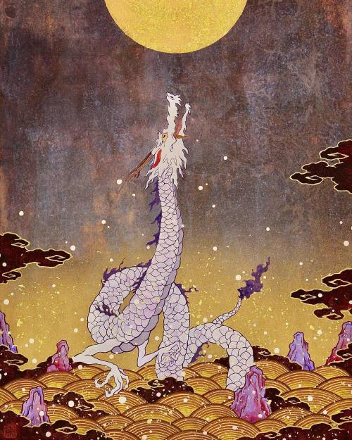 jareckiworld:Koki Tsujimoto — Dragon Rising to the Moon   (mineral pigments on japanese paper mounte