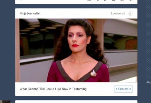 madcommuter:No tumblr. I won’t be clicking on that ad. Marina Sirtis is 61 and looks amazing.What is