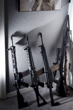 bolt-carrier-assembly:  556-operateit:  I was shooting some gun photos and kept stacking all the rifles I wasn’t presently photographing in the corner of my room. I wasn’t aware until I was done shooting that I made my very own wall of death &gt;.&gt;