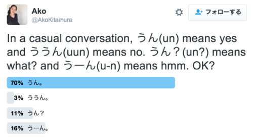 k-ui: Akoさんのツイート: “In a casual conversation, うん(un) means yes and ううん(uun) means no. うん？(un?) 