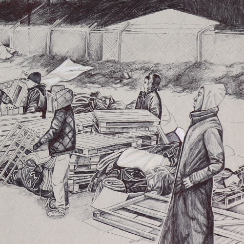 Eviction of the Tioxide JungleOriginal drawing 88 x 63 cm Pencil on paperBody of work Calais, my mot