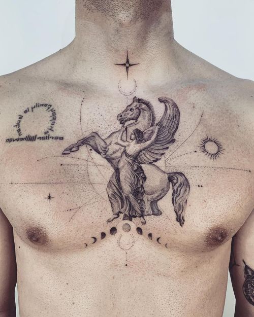 Tattoo tagged with: blackw, chest, dots, horse, moon, mythology, star, sun,  woman 