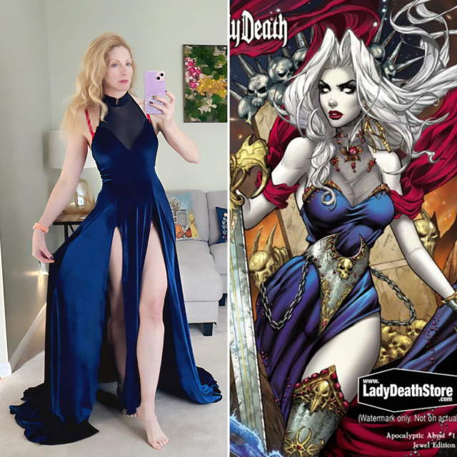 I finally have enough progress to share a new cosplay: a new Lady Death! I chose velvet for the gown, the sword is 70% done, 