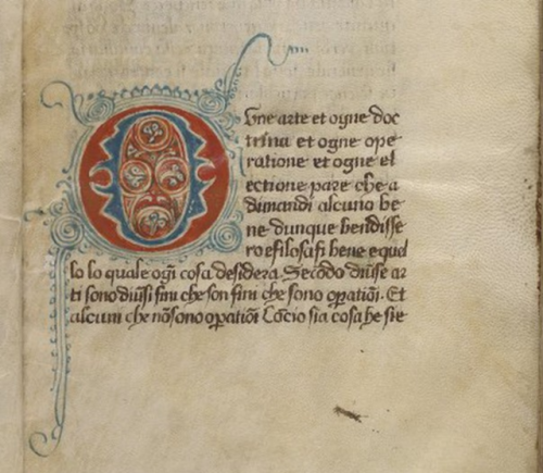 This decorated “O” is from a compendium of Aristotle’s Ethics by the hand of Taddeo Alderotti (1223-