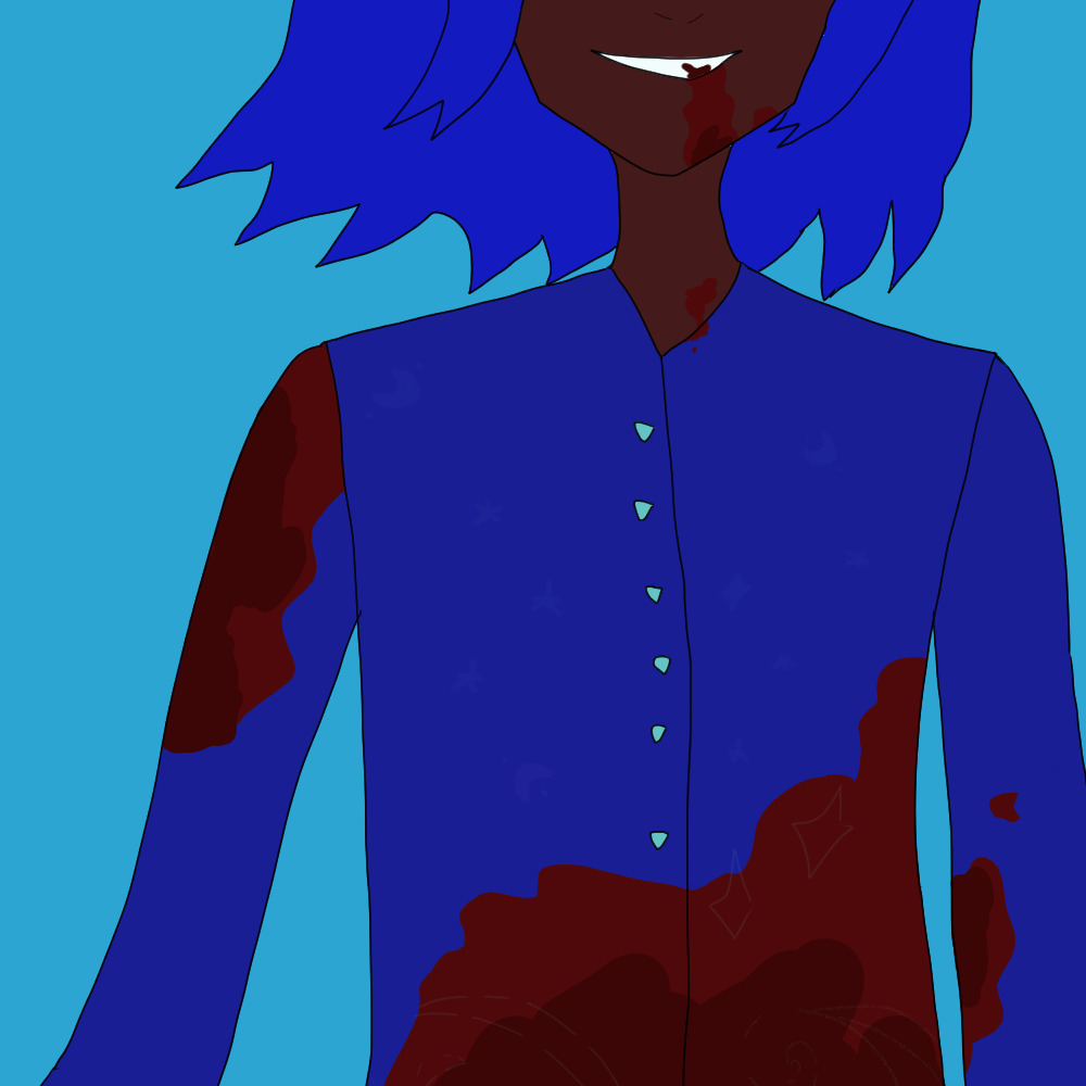 A bloodied Antonio Chandrani with a grin on the lower half of his face that's shown; there's blood down his chin and blood on the lower half of his indigo Chandrani uniform along with some on his arms (which has the implication of stars, moons and waves as well as aqua buttons above the blood). His blue hair falls like waves. The background is aquamarine.