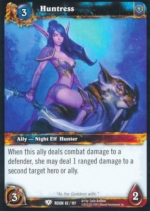 card of "Huntress" from World of Warcraft CCG showing a purple skinned dark elf in a purple lingerie set sitting on top of a sabretooth tiger, she's holding a curved sword and sitting on it in a boobs and butt pose, her butt facing the audience viewpoint and her torso turned 180 degrees so we can also see both breasts