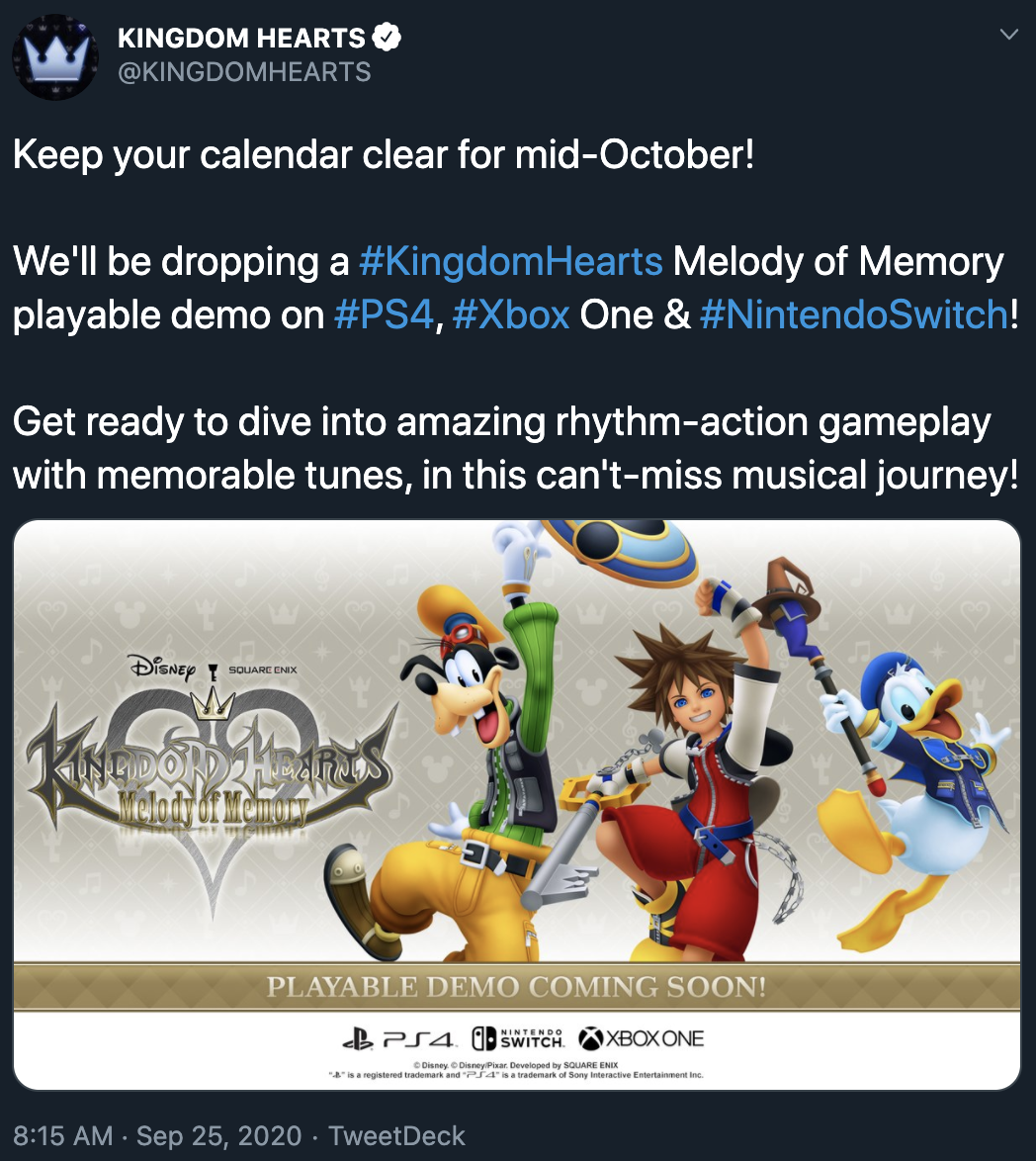 Kingdom Hearts Melody of Memory' playable demo now available