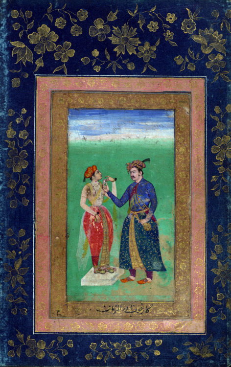Jahāngīr giving a cup of wine to a young woman by Mughal painter Abu al-Hasan,  1615