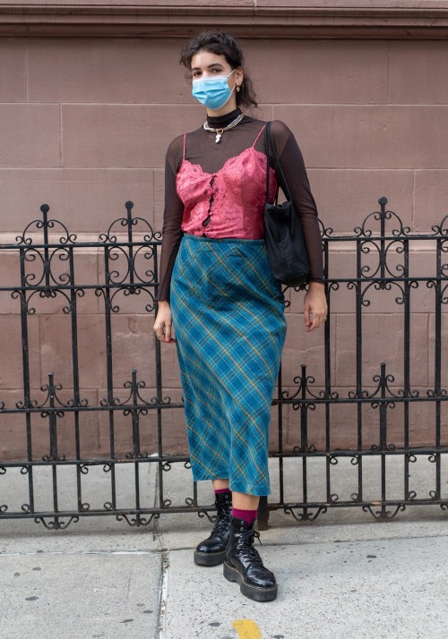 nyc-looks:Penina, 20“I’m wearing a thrifted skirt, turtleneck and top, Doc Marten boots, Eden’s Harv