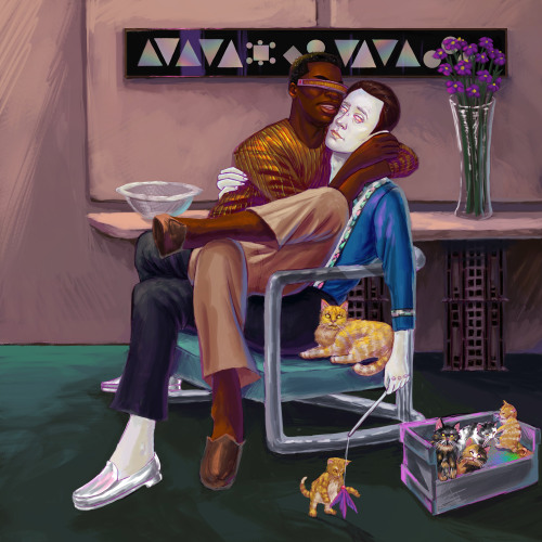 liquidxsin: Geordi, Data, Spot, and her kittens spending time in Geordi’s quarters. Commissioned by 