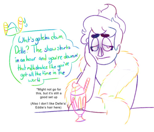 Eddie Dear in his drag persona Delle Ivory, with Howdy off screen showing concern as she's hardly drank much of her milkshake