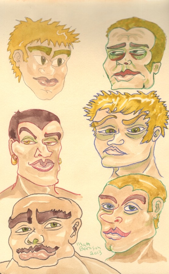 I&rsquo;ve been doodling faces in my sketchbook. Ink and/or watercolor on paper,