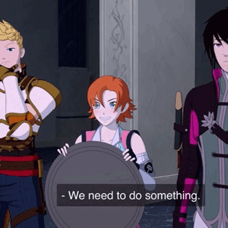 A gif of Nora, bouncing up and down with a smile of evil glee as her teammate Jaune says 'What was that earlier about breaking things?'