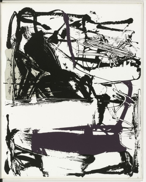 joan-mitchell:  Plate (folio 11) from The Poems, Joan Mitchell, 1960, MoMA: Drawings and PrintsGift of Richard MillerSize: composition (irreg.): 17 3/8 × 13 13/16&quot; (44.1 × 35.1 cm); page: 17 5/16 × 14 1/8&quot; (44 × 35.8 cm)Medium: One from