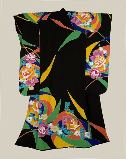 A bold formal chirimen polyester furisode featuring abstract rose motifs.  1950-1975, Japan.&nb
