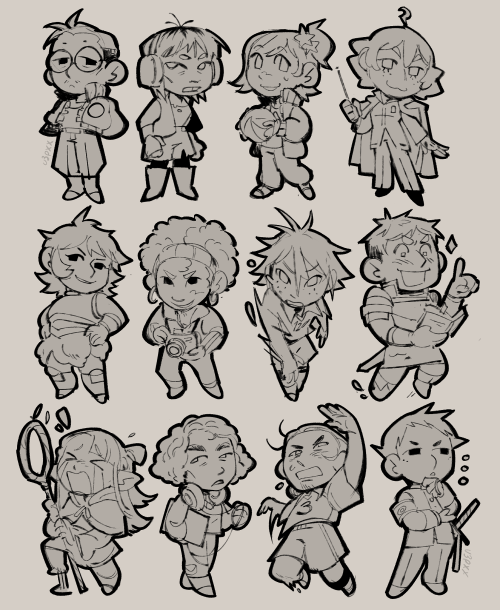 Digital doodles of characters drawn as chibis. Starting from the top left are Kim Kitsuragi, Ruby the Instigator, Hitoka Yachi, Eustace Winner, Namari, Lotta Hart, Yamaguchi Tadashi, Laios Touden, Marcille Donato, Soona the Programmer, Asahi Azumane, and Ryuunoksu Naruhodou.