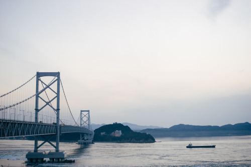 The bridge on the left connects the island Awaji with the city Kobe on the mainland of Japan. It was