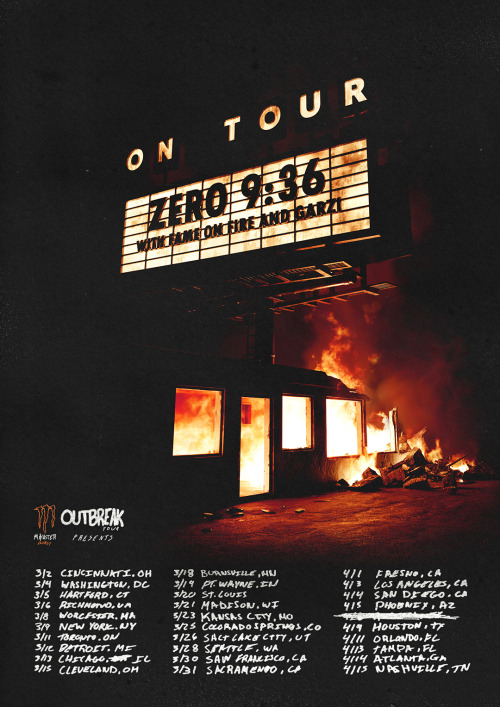 Poster designs that utilize a 3D model I made based off of Zero 9:36′s official tour flyer.
