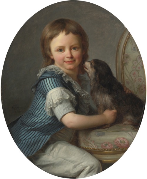 Portrait d’un jeune garçon, peut-être Henri Delacroix, et son chien.1790.Oil on Canvas.Ovale.71.5 x 