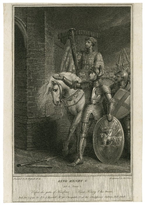 King Henry V. Act 3, Scene 3, Before the gates of Harfieur. King Henry &amp; his train. Engraving by