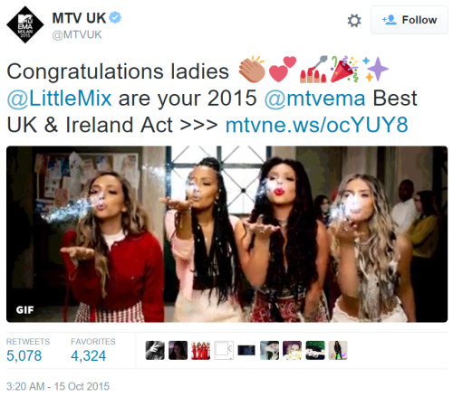 littlemix-news: Congrats to our girls on winning the MTV EMA for Best UK &amp; Ireland Act! Beca