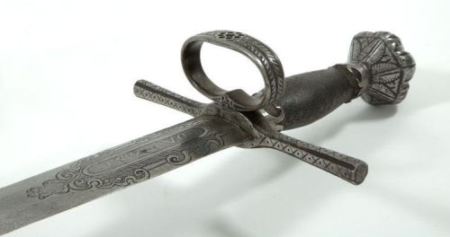 art-of-swords:  European SwordDated: 16th and 19th centuryCulture: GermanMedium: steelThe sword has straight quillons, one side ring, probably dating from the 19th century. The pommel and grip date from circa 1550, but the blade is probably 19th century.