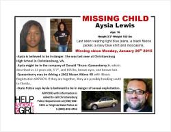 valhallacornedbeef:supernaturallynerdy:  PLEASE REBLOG THIS. IT COULD SAVE A LIFE. Aysia Lewis went missing from my area this week after meeting a man she met online. she thought she was meeting a teenager.  STATE POLICE BELIEVE SHE MAY BE IN DANGER