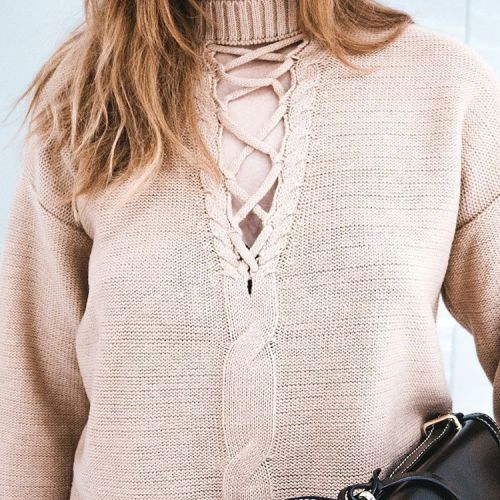 zafulfashion: @kristinamagdalina​  in our  Lacing Pullover Sweater - Nude 【Shop the sweate